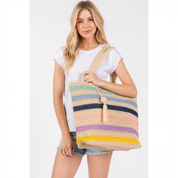 Striped Straw Crochet Tote Bag With Pom Pom Tassel 
- Full Zipper Closure
- Lined Body With Open Pocket
- Approximately 20"L X 15"T X 5.5"D
- 100% Paper