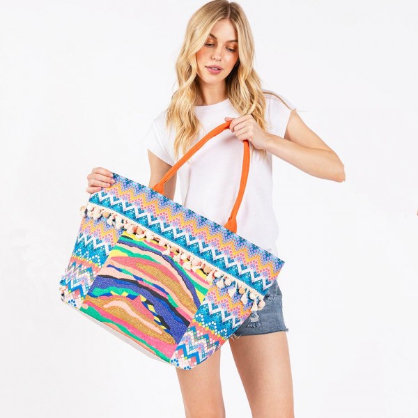 Wholesale abstract Chevron Printed Canvas Tote Bag Fringe Pom Detail Full Zip Cl