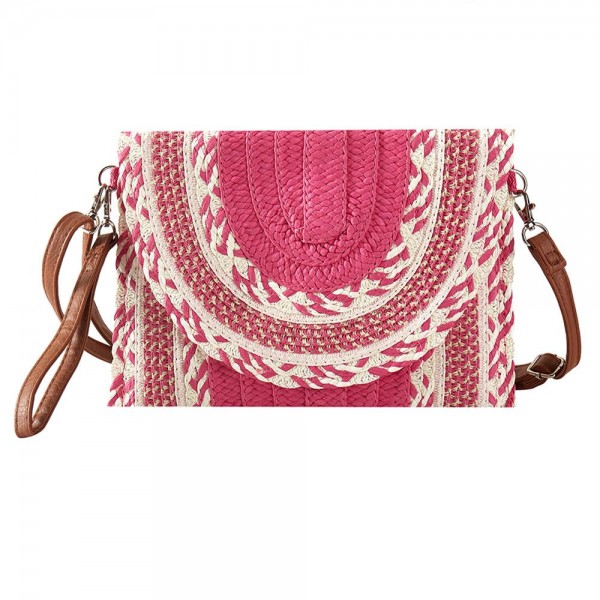 Wholesale woven Straw Clutch Cross Body Bag Magnetic Closure Removable Wristlet