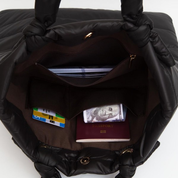Puffer Tote Bag With Knotted Handles - Magnetic Closure - 2 Outer Pockets - Lined Body - 3 Internal Pockets- 1 Zip, 2 Open - Approximately 15" L x 16" T - Handles 8" L - 100% Polyester view 5