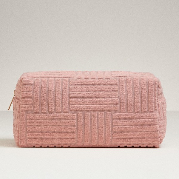 Quilted Terry Cloth Travel Pouch 

- Full Zip Closure 
- Approximately 9.5" L X 4.5" T X 3.5" D
- 100% Polyester 