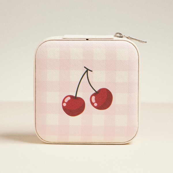 Plaid Cherries Print Vegan Leather Travel Jewelry Box 

- Full Zipper Closure 
- Mirror & Earring Holder Divider 
- Removable Divider Organizer 
- 6 Ring Slots & 3 Necklace Hooks 
- Approximately 3.5" L X 3.75" T X 2" D
