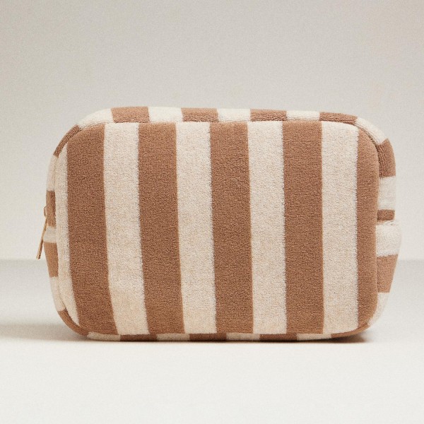 Stripe Terry Cloth Travel Pouch 

- Full Zip Closure 
- Approximately 8.5" L  X 5" T X 3" D
- 80% Cotton 20% Polyester 