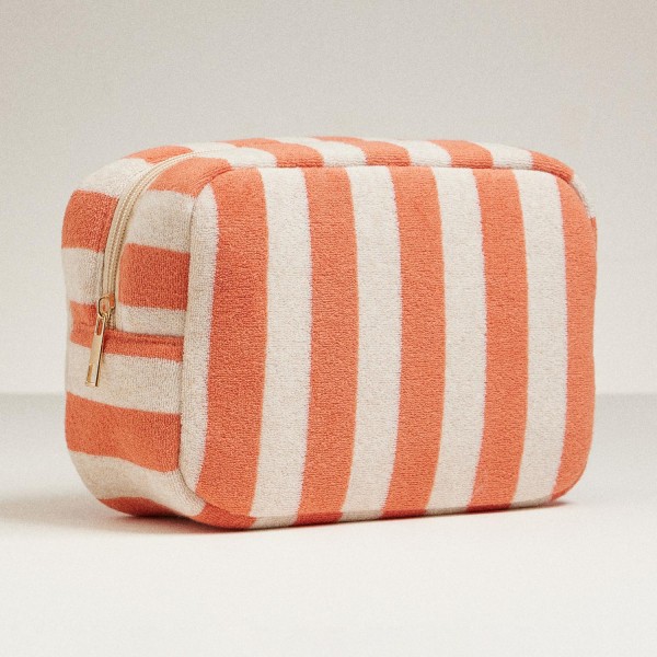 Stripe Terry Cloth Travel Pouch 
- Full Zip Closure 
- Approximately 8.5" L  X 5" T X 3" D
- 80% Cotton 20% Polyester