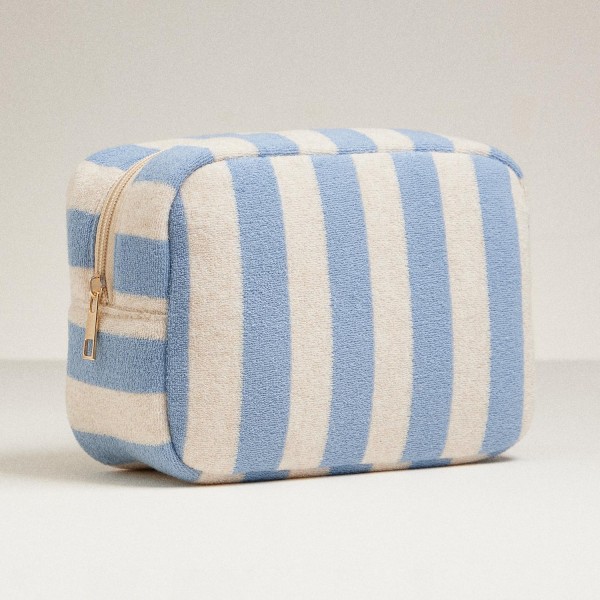 Stripe Terry Cloth Travel Pouch 
- Full Zip Closure 
- Approximately 8.5" L  X 5" T X 3" D
- 80% Cotton 20% Polyester