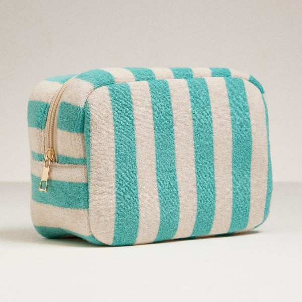Stripe Terry Cloth Travel Pouch 
- Full Zip Closure 
- Approximately 8.5" L  X 5" T X 3" D
- 80% Cotton 20% Polyester