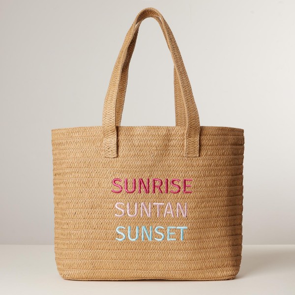 Wholesale sUNRISE SUNTAN SUNSET Embroidered Woven Raffia Tote Bag Tassel Detail