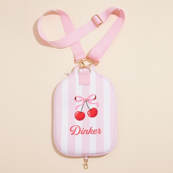 Stripes & Bow Cherry "Dinker" Printed Pickle Ball Racket Bag

- Full Zip Closure
- 1 External Zip Pocket
- Removable/Adjustable Cross Body Strap 25"- 48" L
- Approximately 9" L X 12" T
- 100% Neoprene