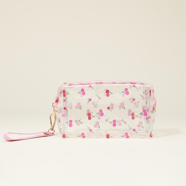 Wholesale clear Fruit Print Travel Pouch Full Zipper Closure Removeable Wristlet