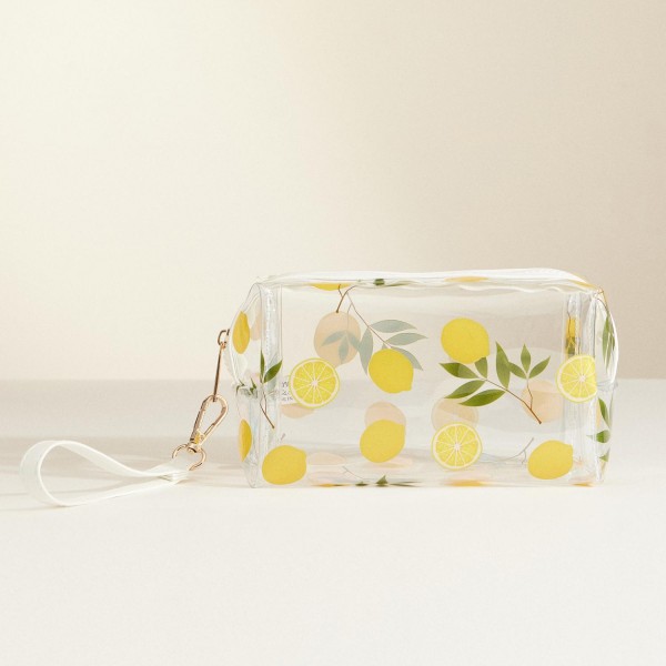 Wholesale clear Fruit Print Travel Pouch Full Zipper Closure Removeable Wristlet