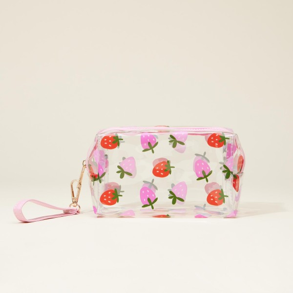 Wholesale clear Fruit Print Travel Pouch Full Zipper Closure Removeable Wristlet
