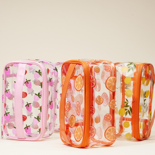 Clear Fruit Print Travel Pouch
- Full Zipper Closure
- Approximately 9" L X 4" T X 5" D