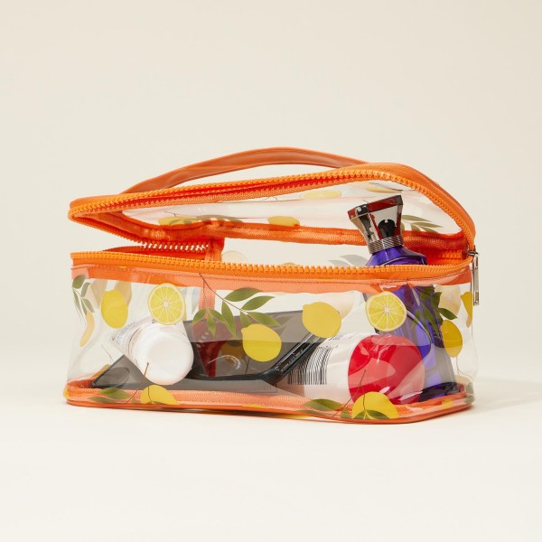 Clear Fruit Print Travel Pouch
- Full Zipper Closure
- Approximately 9" L X 4" T X 5" D
