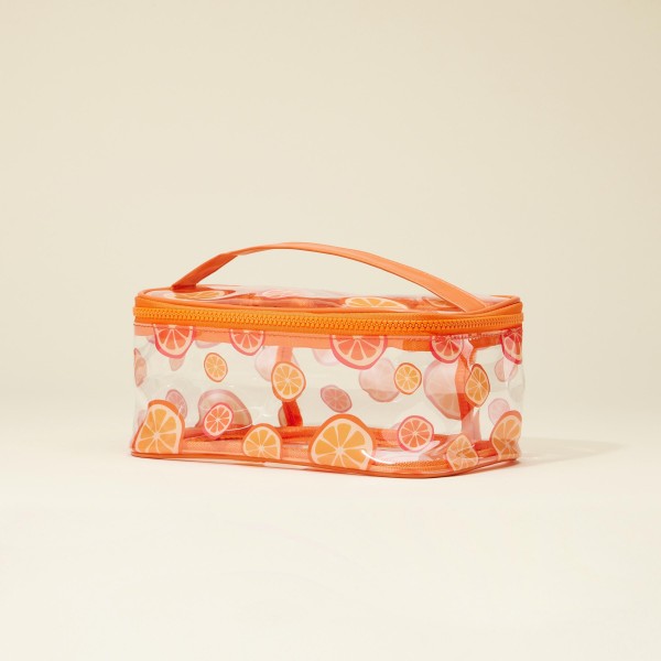 Clear Fruit Print Travel Pouch

- Full Zipper Closure
- Approximately 9" L X 4" T X 5" D