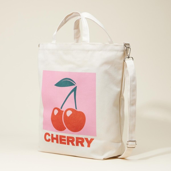 Fruit Printed Canvas Tote Bag 
- Full Zip Closure
- 1 Internal Open Pocket
- Removable Cross Body Strap 22"- 44" L
- Handle Drop 3" L
- Approximately 15" L X 15" T X 4.25" D
- 70% Polyester 30% Cotton
