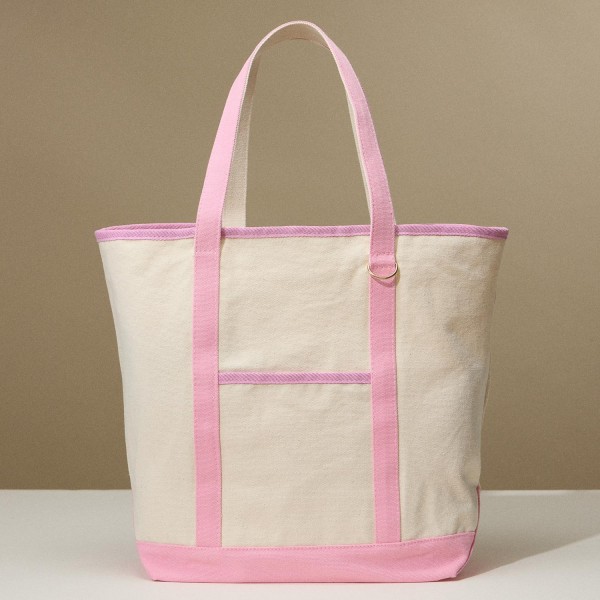 Canvas Tote Bag 

- 1 Open External Pocket 
- Metal Key Ring 
- 1 Open Internal Pocket 
- Handle Drop 8" L
- Approximately 18" L X 13" T X 8" D
- 100% Cotton 