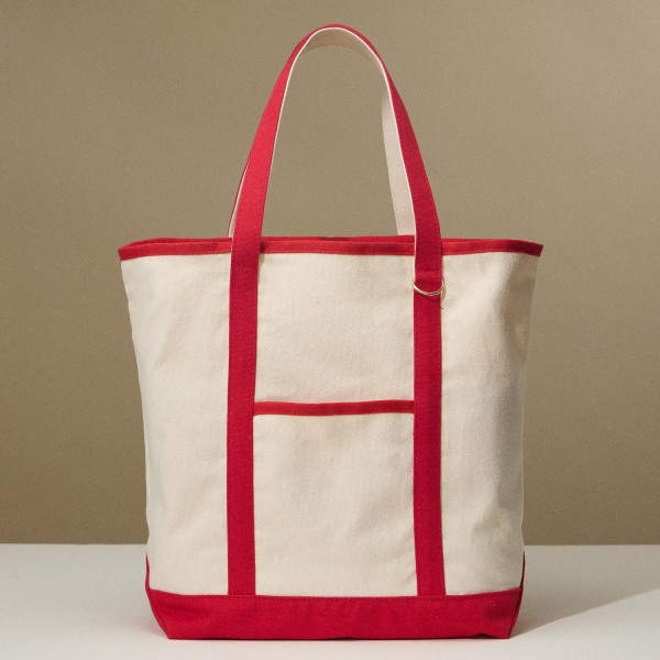 Canvas Tote Bag 

- 1 Open External Pocket 
- Metal Key Ring 
- 1 Open Internal Pocket 
- Handle Drop 8" L
- Approximately 18" L X 13" T X 8" D
- 100% Cotton 