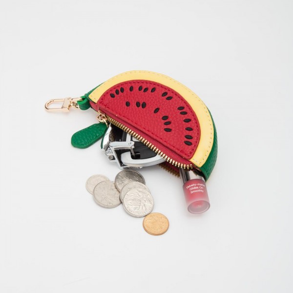 Vegan Leather Fruit Coin Pouch Key Ring - Full Zip Closure - Approximately 5" L view 5