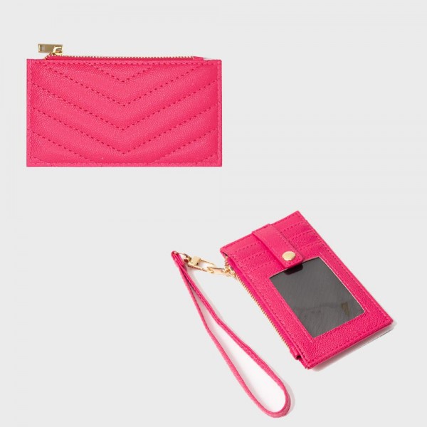 Quilted Vegan Leather Wallet 

- Removeable Wristlet
- 3 Outer Card Holders With Snap Closure
- Zip Closure 
- Approximately 5" L x 3" T