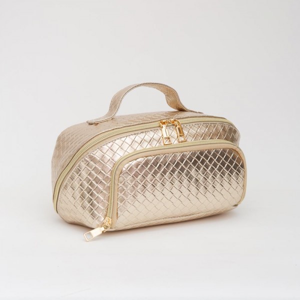 Wholesale woven Vegan Leather Travel Makeup Bag Full Zipper Closure Outer Zip Po