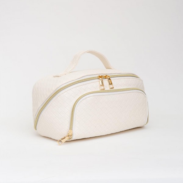 Wholesale woven Vegan Leather Travel Makeup Bag Full Zipper Closure Outer Zip Po