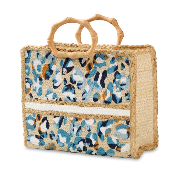 Wholesale woven Jute Tote Bag Painted Flower Petal Details Rounded Bamboo Handle