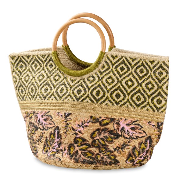Woven Jute Tote Bag With Painted Floral & Geometric Pattern Featuring Wooden Rounded Handles 

- Made In India
- Handle Drop 4.5" L
- Approximately 19" L X 12" T X 13" D