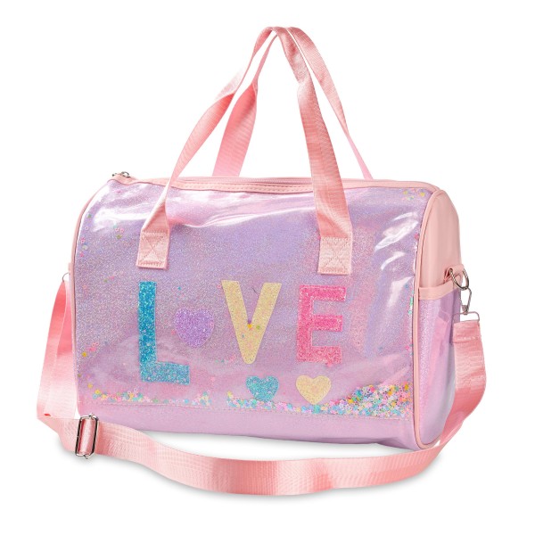 Glitter LOVE Tote Bag 

- 2 External Open Pockets 
- Full Zip Closure
- Lined Body 
- Handle Drop 4.5" L
- Removable Crossbody Strap 13"- 22" L
- Approximately 14" L X 10" T X 9" D