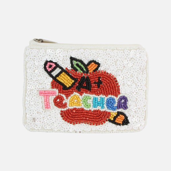 "Teacher" Apple & Pencil Seed Bead & Sequin Pouch

- Lined Interior
- Full Zipper Closure
- Approximately 5" L X 4.5" T