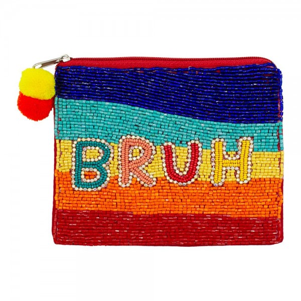 Wholesale bRUH Seed Beaded Canvas Bag Pom Pom Zipper Fully Lined Inside Cotton