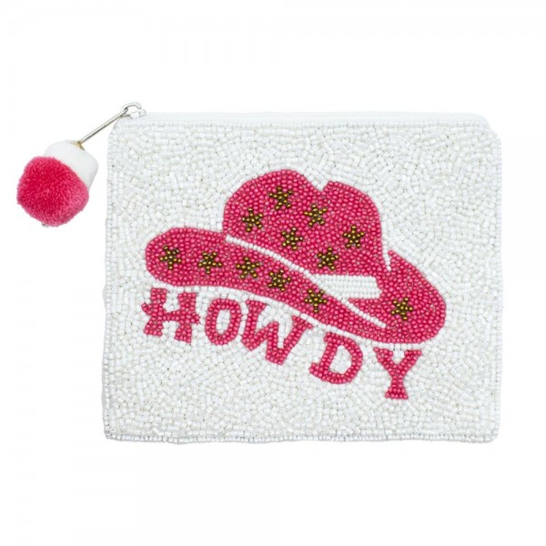 Wholesale howdy Cowgirl Hat Seed Beaded Canvas Bag Pom Pom Zipper Fully Lined I