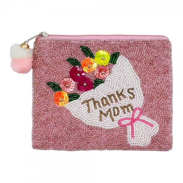 Wholesale thanks Mom Flower Bouquet Seed Beaded Canvas Bag Pom Pom Zipper Fully