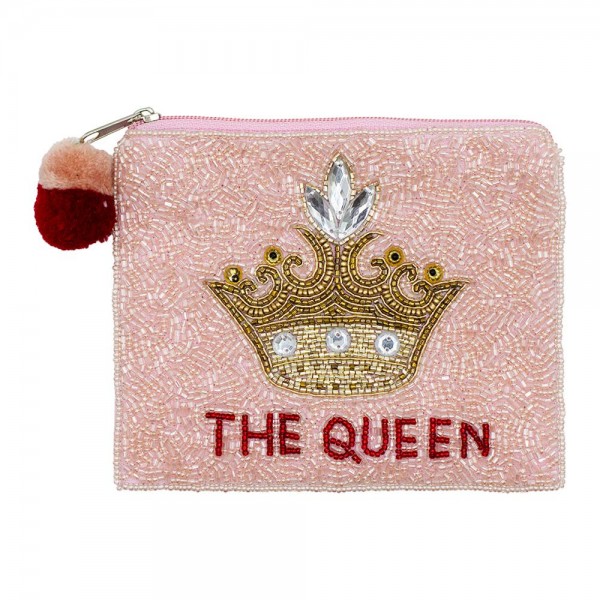 Wholesale qUEEN Seed Beaded Canvas Bag Pom Pom Zipper Fully Lined Inside Cotton