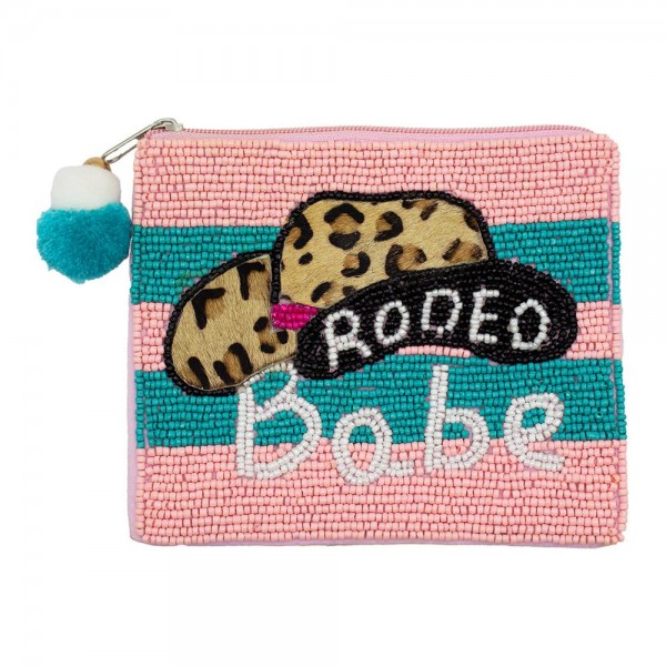 Wholesale rodeo Babe Seed Beaded Canvas Bag Pom Pom Zipper Fully Lined Inside C