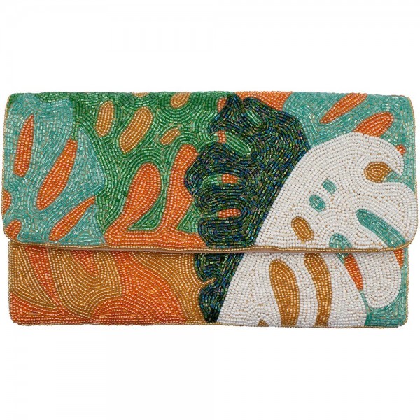 Wholesale leaves Seed Beaded Canvas Clutch Snap Closure Removable Chain Strap Fu