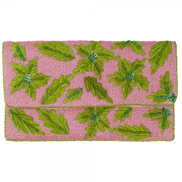 Wholesale leaves Flowers Seed Beaded Canvas Clutch Snap Closure Removable Chain