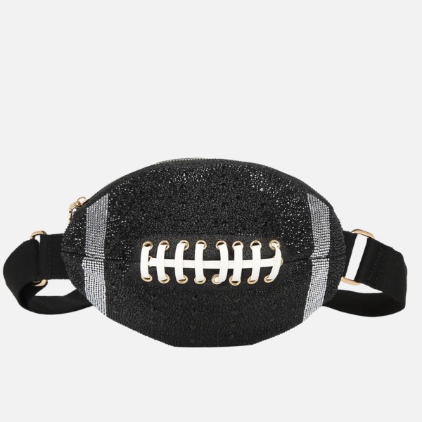 Rhinestone & Glitter Football Crossbody Bag 

- Zip Closure
- Lined Body 
- Adjustable Canvas Crossbody Strap 
- Approximately 4" T x 11" L x 5" D