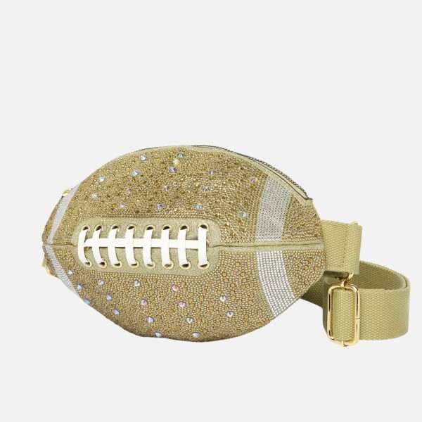 Rhinestone & Glitter Football Crossbody Bag 

- Zip Closure
- Lined Body 
- Adjustable Canvas Crossbody Strap 
- Approximately 4" T x 11" L x 5" D