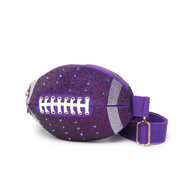 Rhinestone & Glitter Football Crossbody Bag 

- Zip Closure
- Lined Body 
- Adjustable Canvas Crossbody Strap 
- Approximately 4" T x 11" L x 5" D