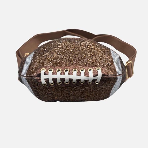 Rhinestone & Glitter Football Crossbody Bag 

- Zip Closure
- Lined Body 
- Adjustable Canvas Crossbody Strap 
- Approximately 4" T x 11" L x 5" D