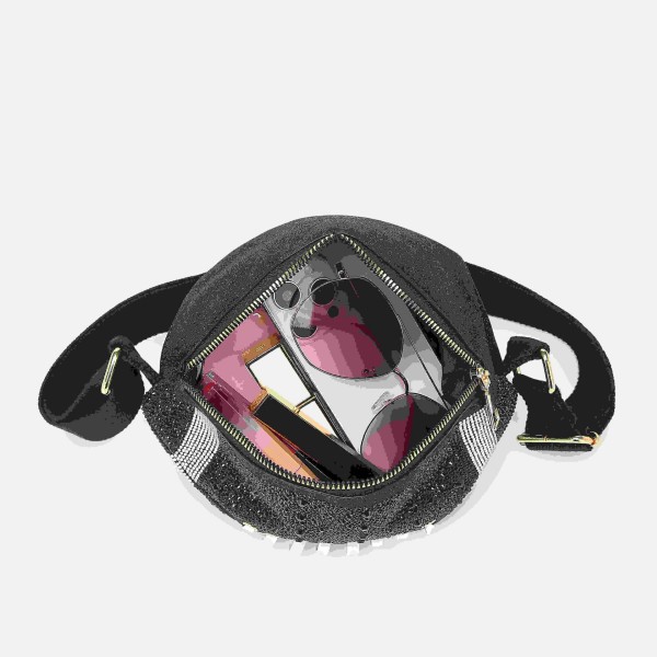 Rhinestone & Glitter Football Crossbody Bag 

- Zip Closure
- Lined Body 
- Adjustable Canvas Crossbody Strap 
- Approximately 4" T x 11" L x 5" D