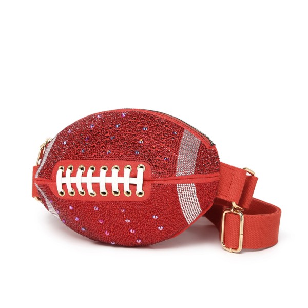 Rhinestone & Glitter Football Crossbody Bag 

- Zip Closure
- Lined Body 
- Adjustable Canvas Crossbody Strap 
- Approximately 4" T x 11" L x 5" D