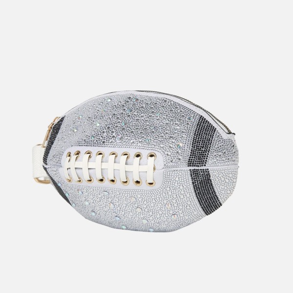 Rhinestone & Glitter Football Crossbody Bag 

- Zip Closure
- Lined Body 
- Adjustable Canvas Crossbody Strap 
- Approximately 4" T x 11" L x 5" D