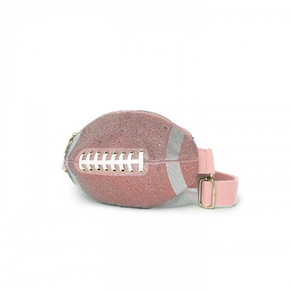 Rhinestone & Glitter Football Crossbody Bag 

- Zip Closure
- Lined Body 
- Adjustable Canvas Crossbody Strap 
- Approximately 4" T x 11" L x 5" D