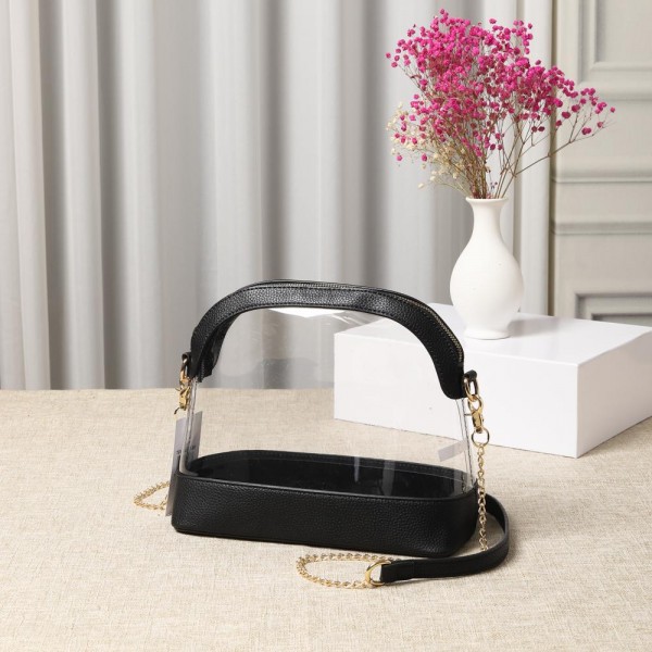 Clear Crossbody Bag With Vegan Leather Trim 

- Zip Closure
- Removable Chain Link Crossbody Strap 50" L
- Approximately 11" L X 8.25" T X 4.25" W   