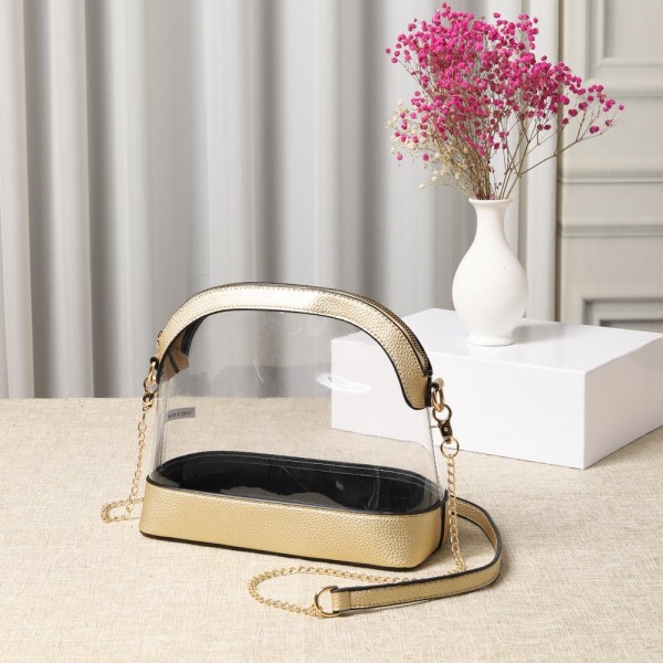 Clear Crossbody Bag With Vegan Leather Trim 

- Zip Closure
- Removable Chain Link Crossbody Strap 50" L
- Approximately 11" L X 8.25" T X 4.25" W   