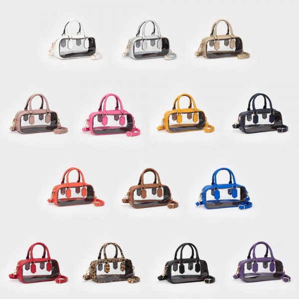 Clear Crossbody Tote Bag With Vegan Leather Trim 
- Zip Closure
- Removeable Vegan Leather Crossbody Strap 
- Approximately 9" L X 5" T X 3.5" D
- Handle Drop 4" L