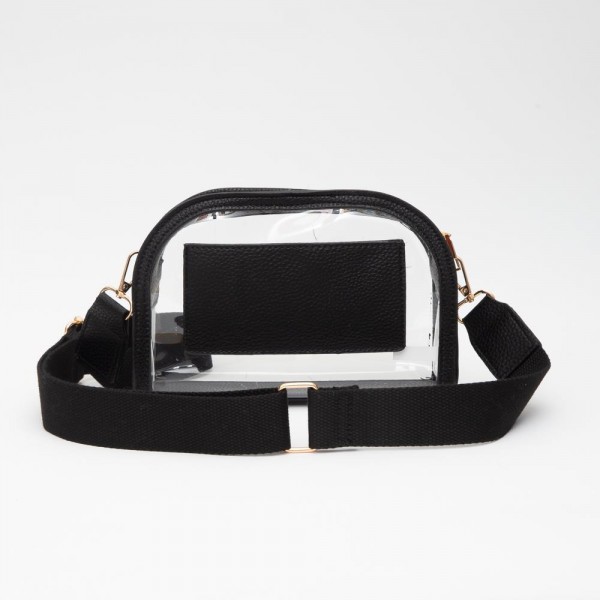 Clear Crossbody Bag With Vegan Leather Trim - Zip Closure - 1 Open Outer Pocket - Removeable Canvas Strap 46" L - Approximately 8.5" L x 5.5" T x 1.5" D view 5