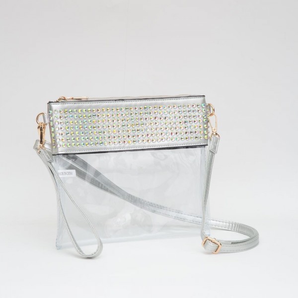 Wholesale clear Wristlet Vegan Leather Trim Rhinestone Stud Details Zip Closure