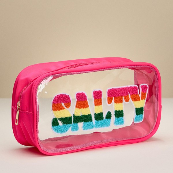 "SALTY" Rainbow Chenille Patch Clear Pouch 
- Full Zip Closure 
- Approximately 9.75" L X 5.5" T X 3.5" D